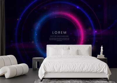 Abstract technology futuristic neon circle glowing blue and pink  light lines with speed motion blur effect on dark blue background. Wall mural