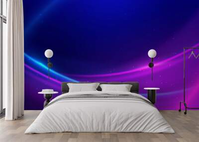 Abstract technology futuristic neon curved glowing blue and pink  light lines with speed motion blur effect on dark blue background. Wall mural