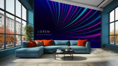 Abstract technology futuristic neon curved glowing blue and pink  light lines with speed motion blur effect on dark blue background. Wall mural