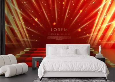 Elegant red stage with gold diagonal glowing lighting effect and sparkle. Template premium award design. Wall mural