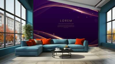 Luxury curve golden lines on dark purple background with lighting effect copy space for text. Luxury design style. Wall mural