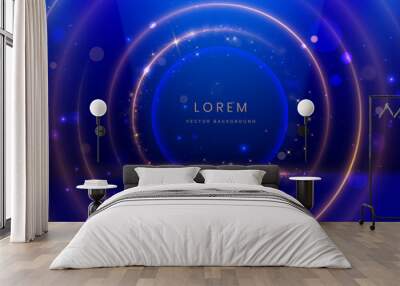 Luxury dark blue background with circle glowing blue and golden line lighting effect sparkle. Template premium award ceremony design. Wall mural