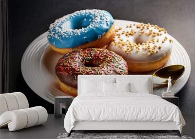 delicious donuts on white plate with and spoon Wall mural