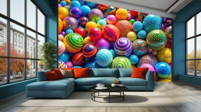 A vibrant and colorful abstract background of a random arrangement of glossy spheres, each adorned with unique patterns and textures, creating a visual feast of colors and shapes. Wall mural