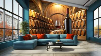 Barrel of wine surrounded by barrels in a winery setting Wall mural