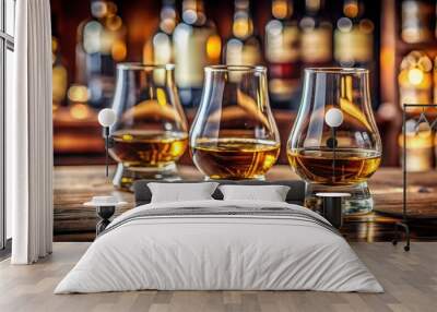 Close up of three Glencairn glasses filled with whiskey on a wooden bar counter with blurred bottles in the background Wall mural