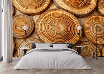 Close-up shot of textured wood rings cut, perfect for background or design element Wall mural