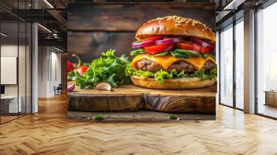 Delicious gourmet hamburger with fresh meat, cheese, and vegetables on rustic wooden board for food photography, restaurant menu, fast food concept Wall mural