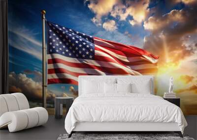 Dynamic American flag in motion symbolizing resilience for patriotic themed stock photo Wall mural