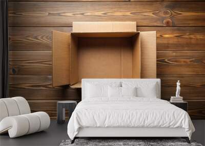 Empty open box on wooden surface with copy space Wall mural