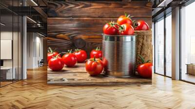 Fresh and juicy canned tomatoes displayed on a wooden rustic background Wall mural