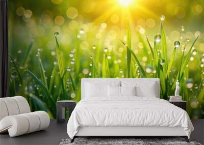 Fresh green grass with dew drops glistening in morning sunlight nature closeup Wall mural