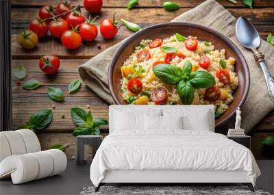 Homemade vegetarian couscous with fresh veggies and basil on rustic wooden table Wall mural