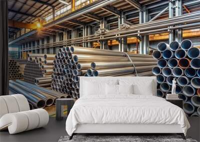 Industrial metal pipes and tubes in a metalworking workshop for construction projects or manufacturing industry settings Wall mural