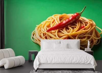 Italian spaghetti with spicy peperoncino on a green background Wall mural