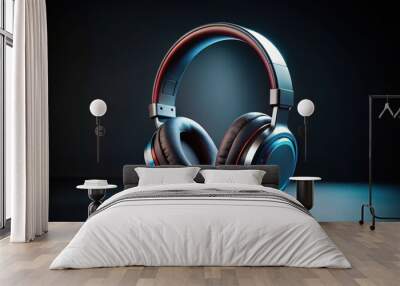 Modern Bluetooth headphones with wireless technology on dark background for music accessories Wall mural