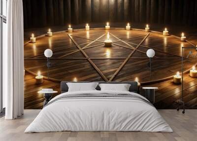 Occult Pentagram Circle with Candle Flames on Wooden Floor in Dark Room Wall mural