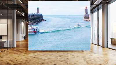 Sea scape with two lighthouse and fishing boat Wall mural