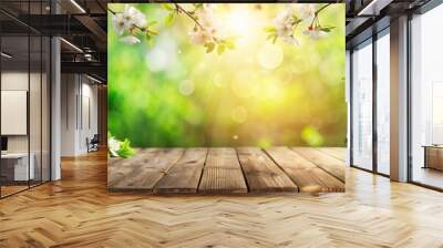 Spring Blossoms on Wooden Table in Green Garden with Defocused Bokeh Lights and Flare Effect Wall mural