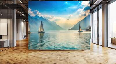 Tranquil scene of two sailing yachts on mountain lake amidst serene Garda Lake landscape Wall mural