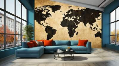 Vintage black world map flag pattern on aged paper background for retro design projects Wall mural