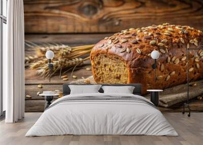 Whole Grain Rye Bread Loaf with Mixed Seeds on Rustic Wooden Background Wall mural