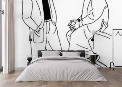 2 men sitting and talking Urban people. Typical art illustration. Wall mural