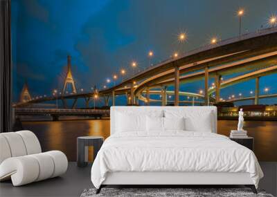 Blue twilight twin suspension bridge water front, cityscape background. Wall mural