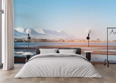 Iceland village winter season with mountain background, natural landscape background Wall mural