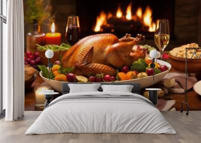 A Thanksgiving dinner spread with a whole roasted turkey as the centerpiece, accompanied by bowls of stuffing,  Wall mural