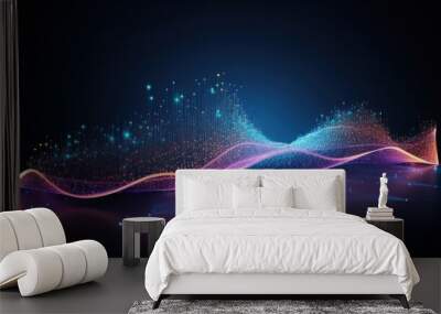 Abstract futuristic background featuring a dynamic wave of interconnected dots and lines, creating a network of particles on a dark backdrop. The wave flows smoothly,  Wall mural