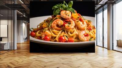 Close-up of a fork twirling spicy shrimp pasta on a white porcelain plate Wall mural