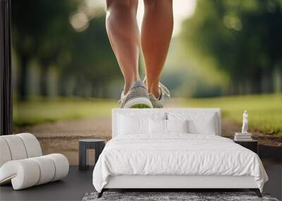 Close-up of a pair of joggers' legs during a run on an urban jogging track, emphasizing the athletic footwear and movement. The background shows blurred city buildings and a clear blue sky Wall mural