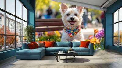 cute white dog with a smart gaze wearing a colorful bandana Wall mural