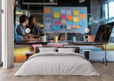 diverse group of business professionals gathered around a modern conference table, engaged in a brainstorming session Wall mural