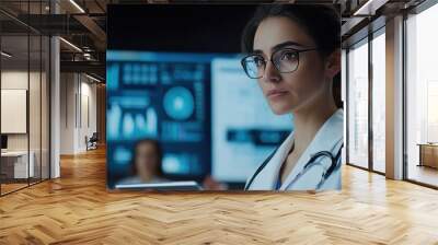 doctor holding a digital tablet while standing in a modern meeting room. Wall mural