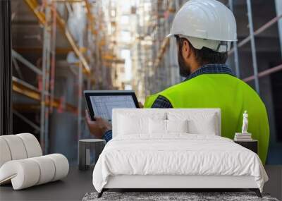 expert engineer inspecting construction materials while wearing a safety helmet and reflective jacket Wall mural