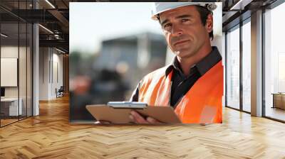 expert engineer inspecting construction materials while wearing a safety helmet and reflective jacket Wall mural