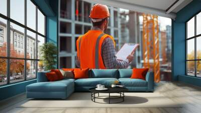 expert engineer inspecting construction materials while wearing a safety helmet and reflective jacket Wall mural