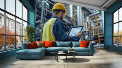 expert engineer inspecting construction materials while wearing a safety helmet and reflective jacket Wall mural