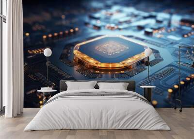 Macro photo of a small electronic silicon wafer. and intricate golden wires Wall mural