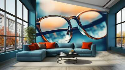 sunglasses laid flat on a clear glass surface with a modern interior softly blurred in the background, Wall mural