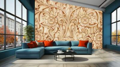 Pattern of flower carved on wood background Wall mural