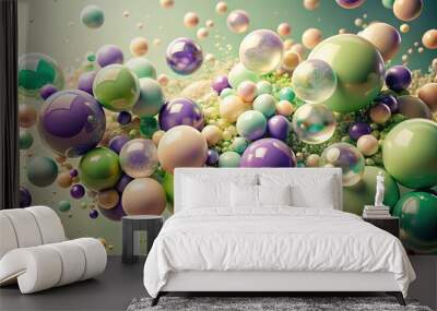 Abstract plastic spheres bubbles blobs beige green purple isolated flat background scene copy space Wall mural