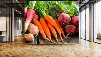 
Fresh root vegetables such as carrots, beets, and radishes with their greens on a rustic wooden table, high resolution Wall mural