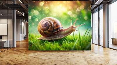 Snail on Grass - Detailed Illustration with Bokeh Effect for Nature Photography Wall mural