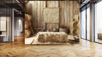 Blank sandstone podium mockup in a rural farmer s barn, surrounded by hay bales and farming tools, perfect for artisanal farming equipment. Wall mural