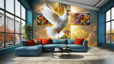 A white dove and a cross decorated with flowers appear in the sky, representing peace and freedom. Jesus and Catholicism concept. Wall mural