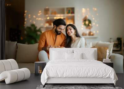 A handsome young Indian man in traditional wear giving a gift to his beautiful wife who wearing sari, sitting on a sofa. Both are smiling and happy Wall mural