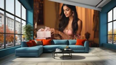 Beautiful indian woman looking and opening gift box at home Wall mural